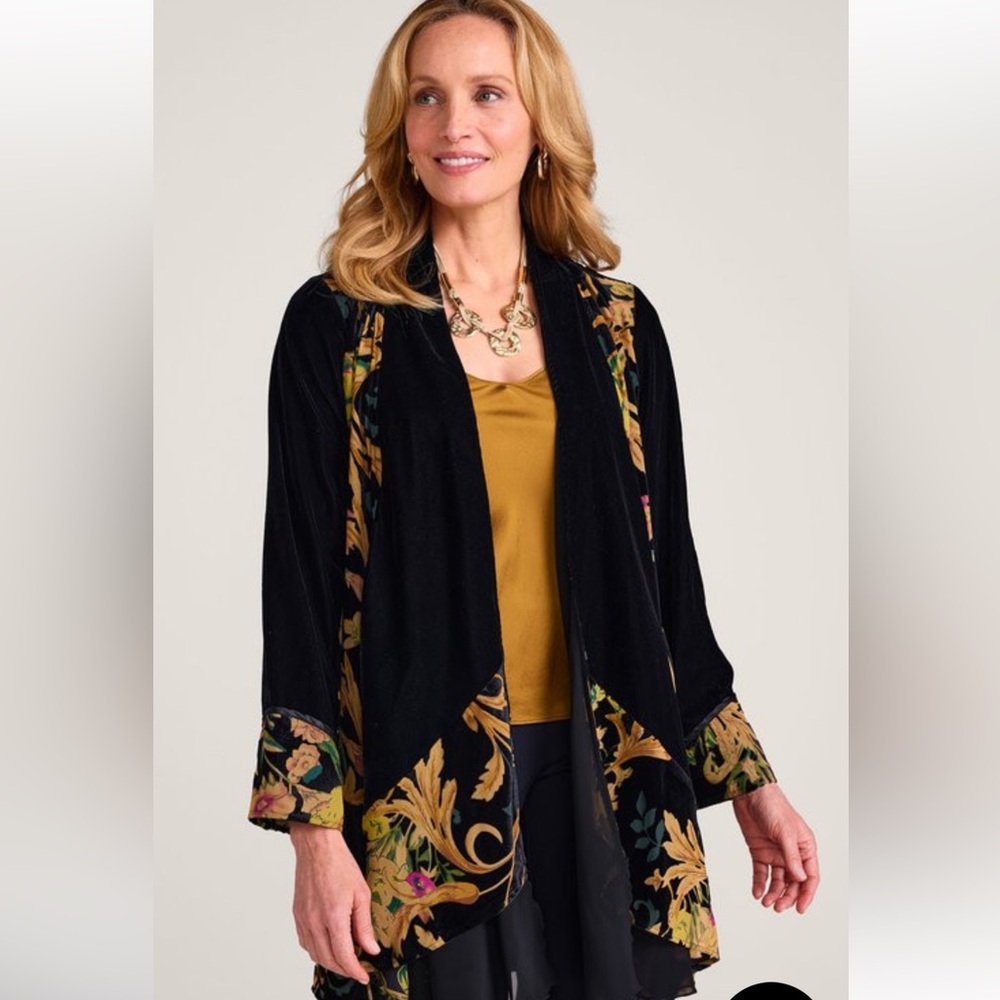 Soft Surroundings Black Floral Velvet Jacquette Open Front Top